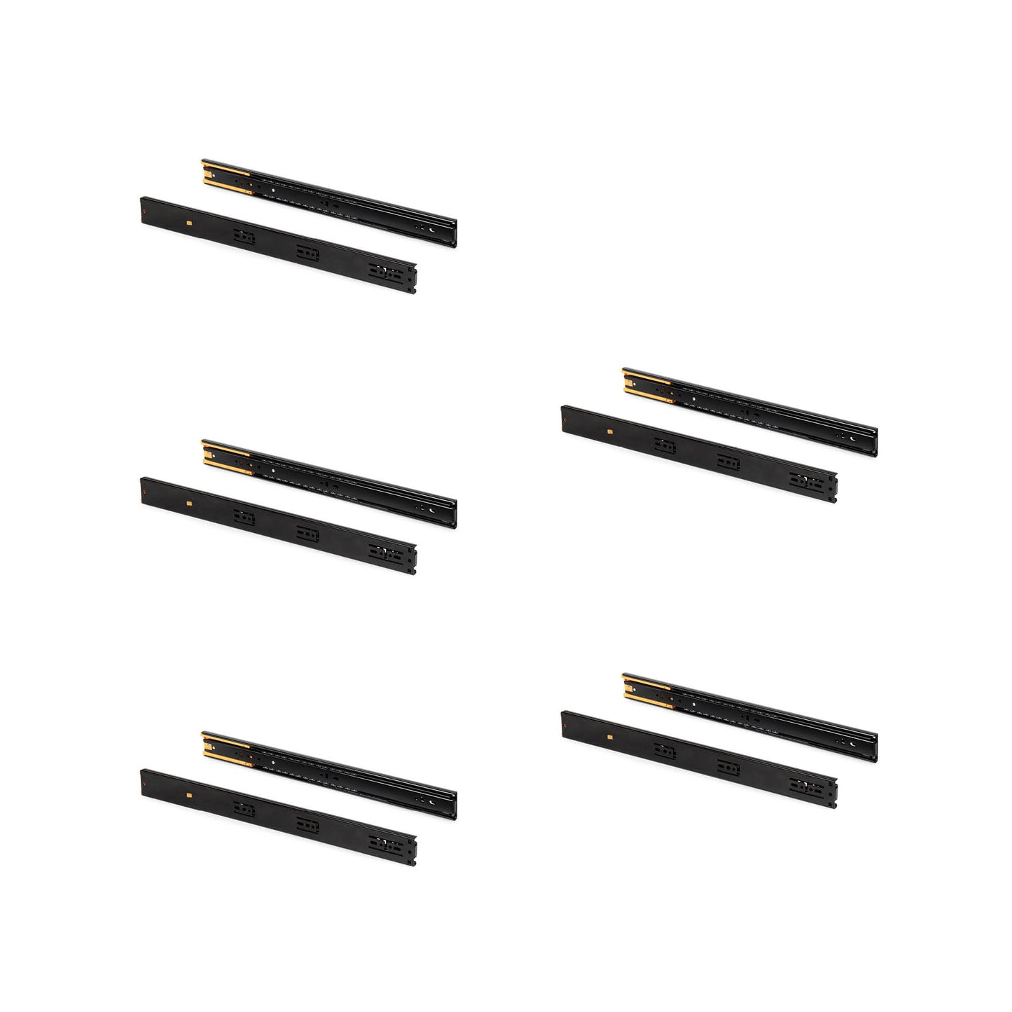Emuca Lotto di 5 set guide per cassetti, a sfera, altezza 45 mm, profondità 600 mm, estrazione totale, chiusura soft, Nera