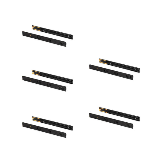 Emuca Lotto di 5 set guide per cassetti, a sfera, altezza 45 mm, profondità 600 mm, estrazione totale, chiusura soft, Nera