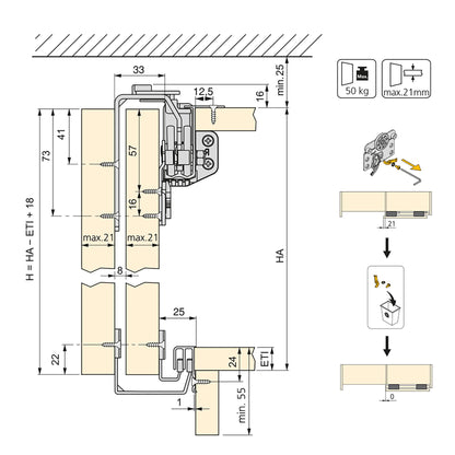 Emuca Kit di ferramenta per armadio a 2 porte scorrevoli e chiusura ammortizzata Neco, spessore 16 mm, pannelli non inclusi, Grigia metallizzata