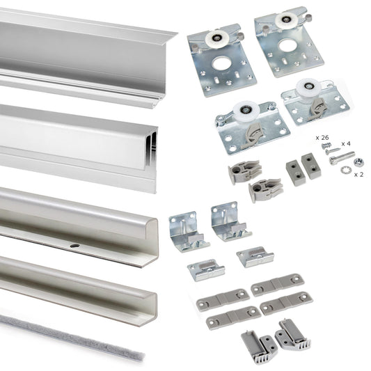 Emuca Kit di ferramenta per armadio a 2 porte scorrevoli e chiusura ammortizzata Neco, spessore 16 mm, pannelli non inclusi, Grigia metallizzata