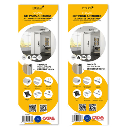 Emuca Kit di ferramenta per armadio a 2 porte scorrevoli e chiusura ammortizzata Placard 81, profilo Wave, spessore 16 mm, pannelli non inclusi, Anodizzato opaco