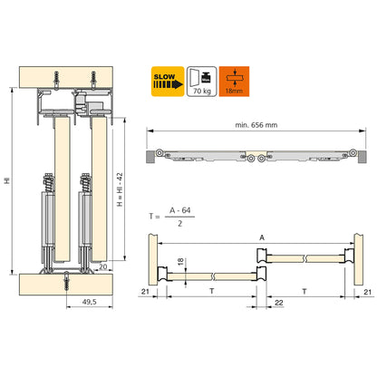 Emuca Kit di ferramenta per armadio a 2 porte scorrevoli e chiusura ammortizzata Placard 81, profilo Wave, spessore 18 mm, pannelli non inclusi, Anodizzato opaco