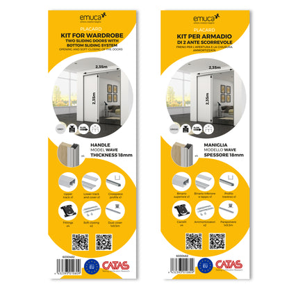 Emuca Kit di ferramenta per armadio a 2 porte scorrevoli e chiusura ammortizzata Placard 81, profilo Wave, spessore 18 mm, pannelli non inclusi, Anodizzato opaco
