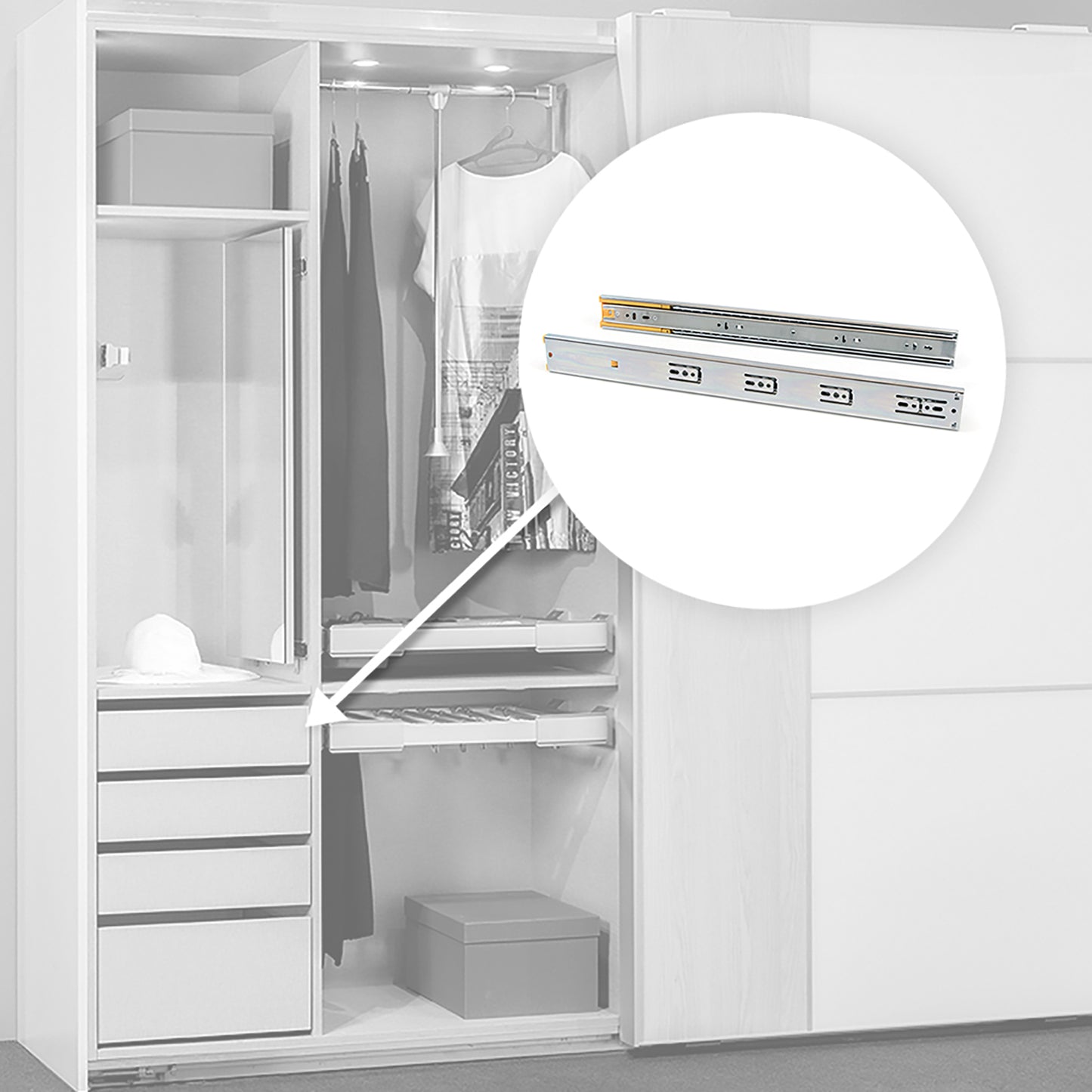 Emuca Lotto di 5 set guide per cassetti, a sfera, altezza 45 mm, profondità 650 mm, estrazione totale, chiusura soft, Zincato bianco