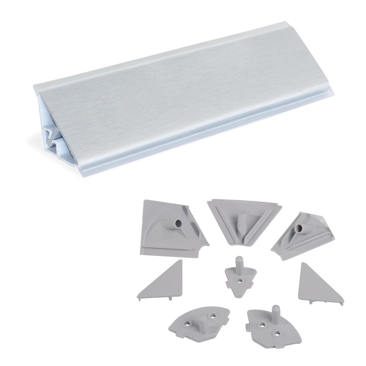 Alzatina triangolare per cucina Plasline con accessori per installazione.