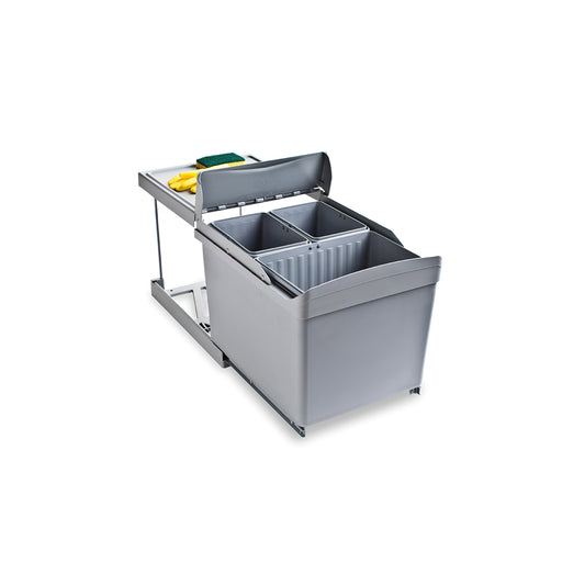 Emuca contenitore per la raccolta differenziata da montare sul fondo ed estraibile automaticamente in un mobile da cucina 1x16lt 2x7,5lt, Tecnoplastica Grigia
