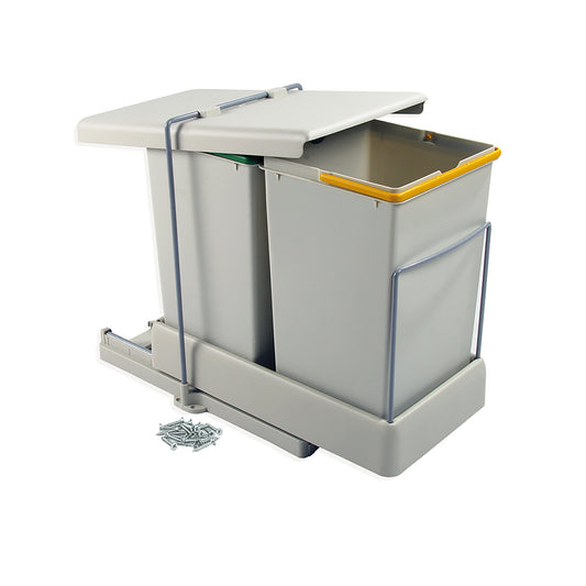 Emuca contenitore per la raccolta differenziata da montare sul fondo ed estraibile automaticamente in cucina 2x14lt, Tecnoplastica Grigia