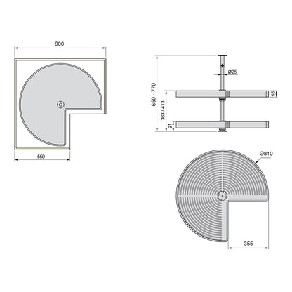 Emuca Set di piatti girevoli 3/4 Shelvo, per modulo da 900 mm, Tecnoplastica e Alluminio, Bianca