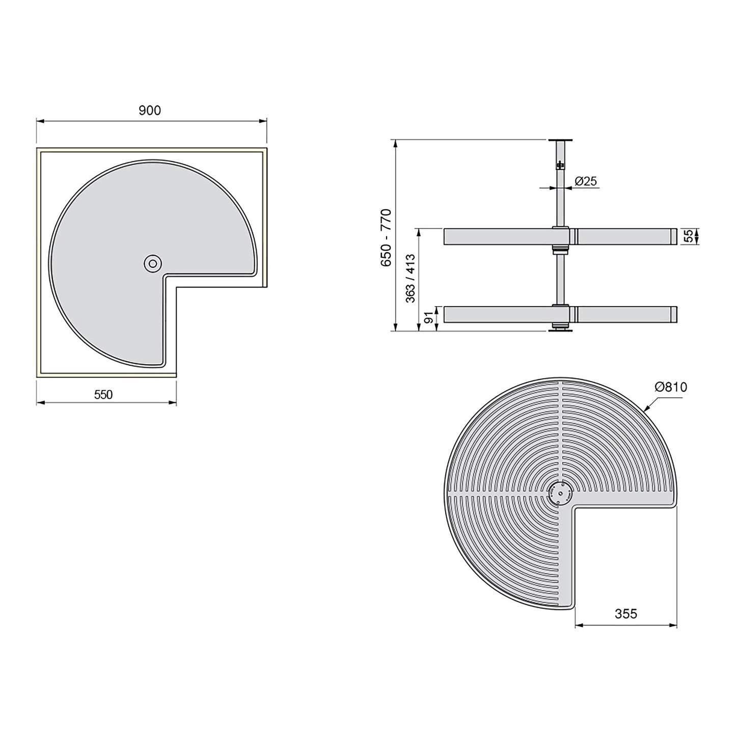 Emuca Set di piatti girevoli 3/4 Shelvo, per modulo da 900 mm, Tecnoplastica e Alluminio, Grigia