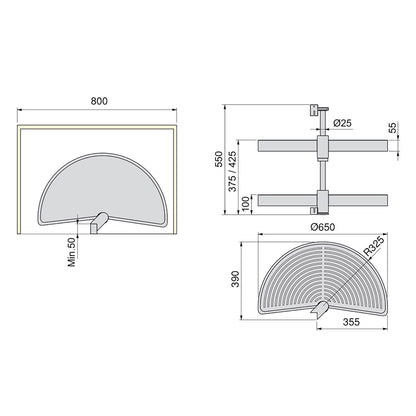 Emuca Set di piatti girevoli Shelvo a 1/2 luna, per modulo da 800 mm, Tecnoplastica e Alluminio, Grigia