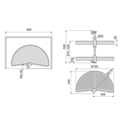 Emuca Set di piatti girevoli Shelvo a 1/2 luna, per modulo da 900 mm, Tecnoplastica e Alluminio, Bianca