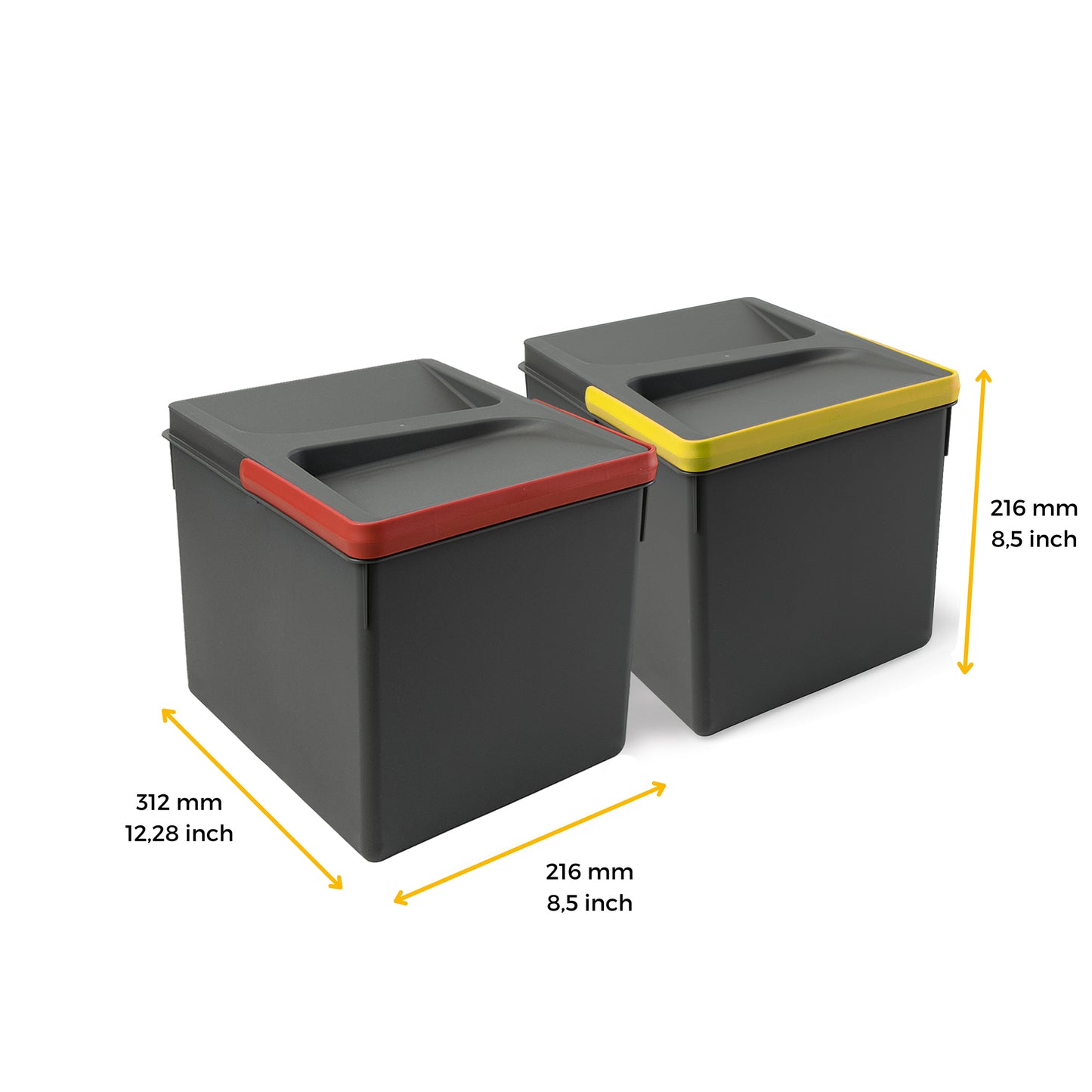 Emuca Kit di contenitori per la raccolta differenziata per cassetti da cucina Recycle Altezza Recycle 216 mm, 2x12 lt, Grigio antracite Tecnoplastica