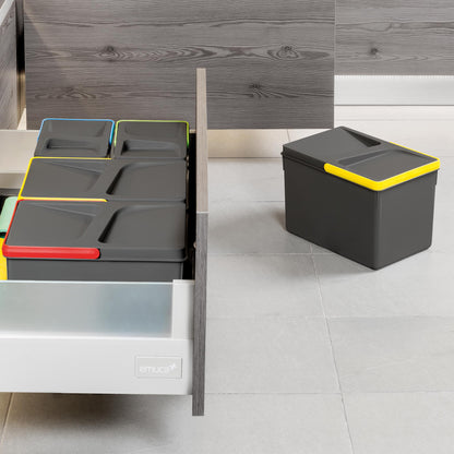 Emuca Kit di contenitori per la raccolta differenziata per cassetti da cucina Recycle Altezza Recycle 216 mm, 2x12 lt, Grigio antracite Tecnoplastica