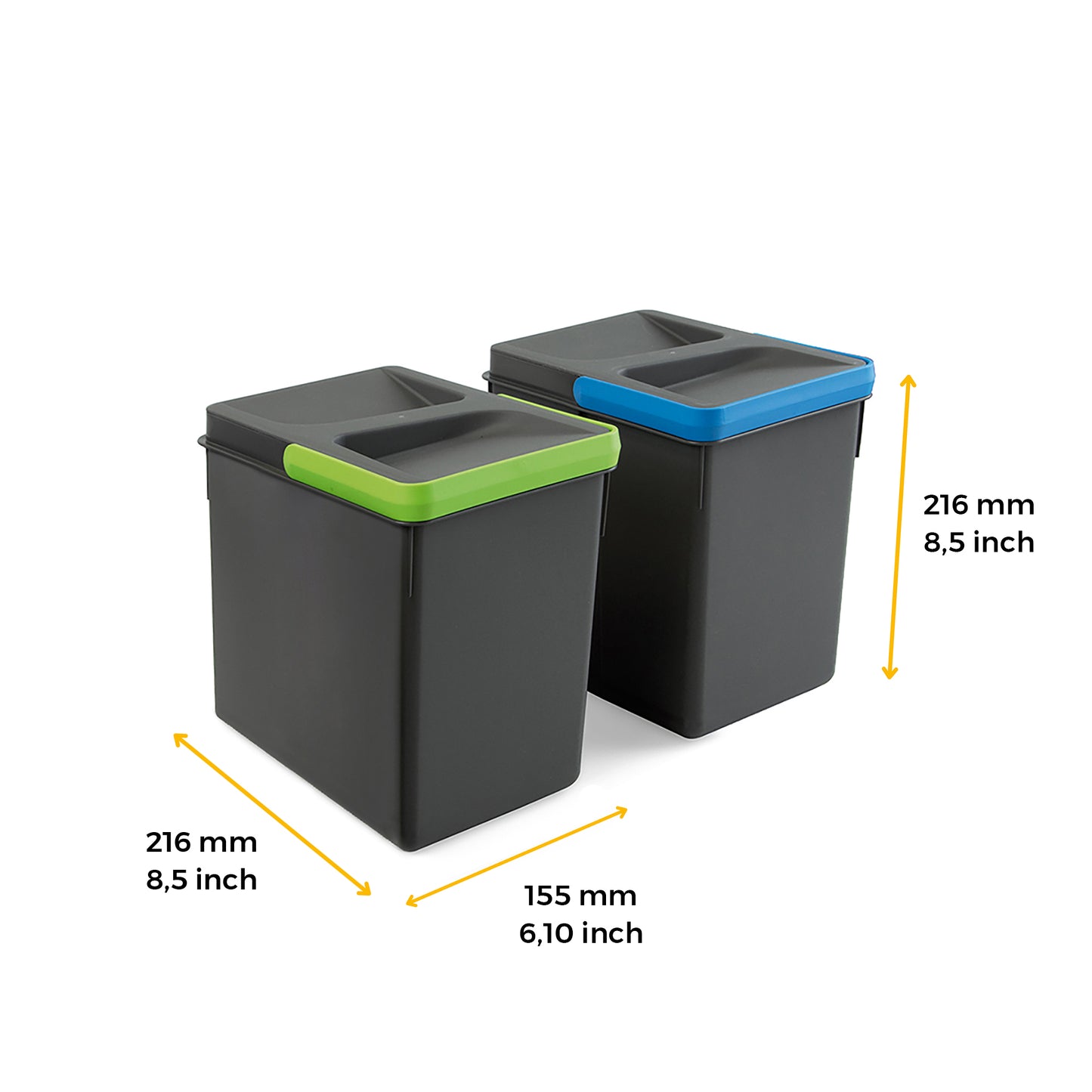 Emuca Kit di contenitori per la raccolta differenziata per cassetti da cucina Recycle Altezza Recycle 216 mm, 2x6 lt, Grigio antracite Tecnoplastica