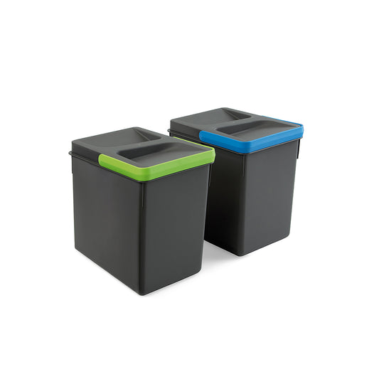 Emuca Kit di contenitori per la raccolta differenziata per cassetti da cucina Recycle Altezza Recycle 216 mm, 2x6 lt, Grigio antracite Tecnoplastica