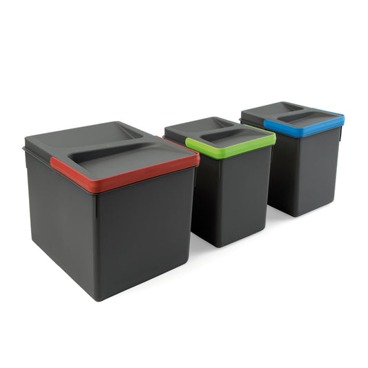 Emuca Kit di contenitori per la raccolta differenziata per cassetti da cucina Recycle Altezza Recycle 216 mm, 1x12lt, 2x6lt, Grigio antracite Tecnoplastica