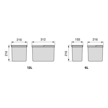 Emuca Kit di contenitori per la raccolta differenziata per cassetti da cucina Recycle Altezza Recycle 216 mm, 2x12 lt, 2x6 lt, Grigio antracite Tecnoplastica