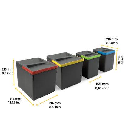 Emuca Kit di contenitori per la raccolta differenziata per cassetti da cucina Recycle Altezza Recycle 216 mm, 2x12 lt, 2x6 lt, Grigio antracite Tecnoplastica