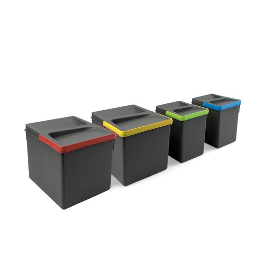 Emuca Kit di contenitori per la raccolta differenziata per cassetti da cucina Recycle Altezza Recycle 216 mm, 2x12 lt, 2x6 lt, Grigio antracite Tecnoplastica