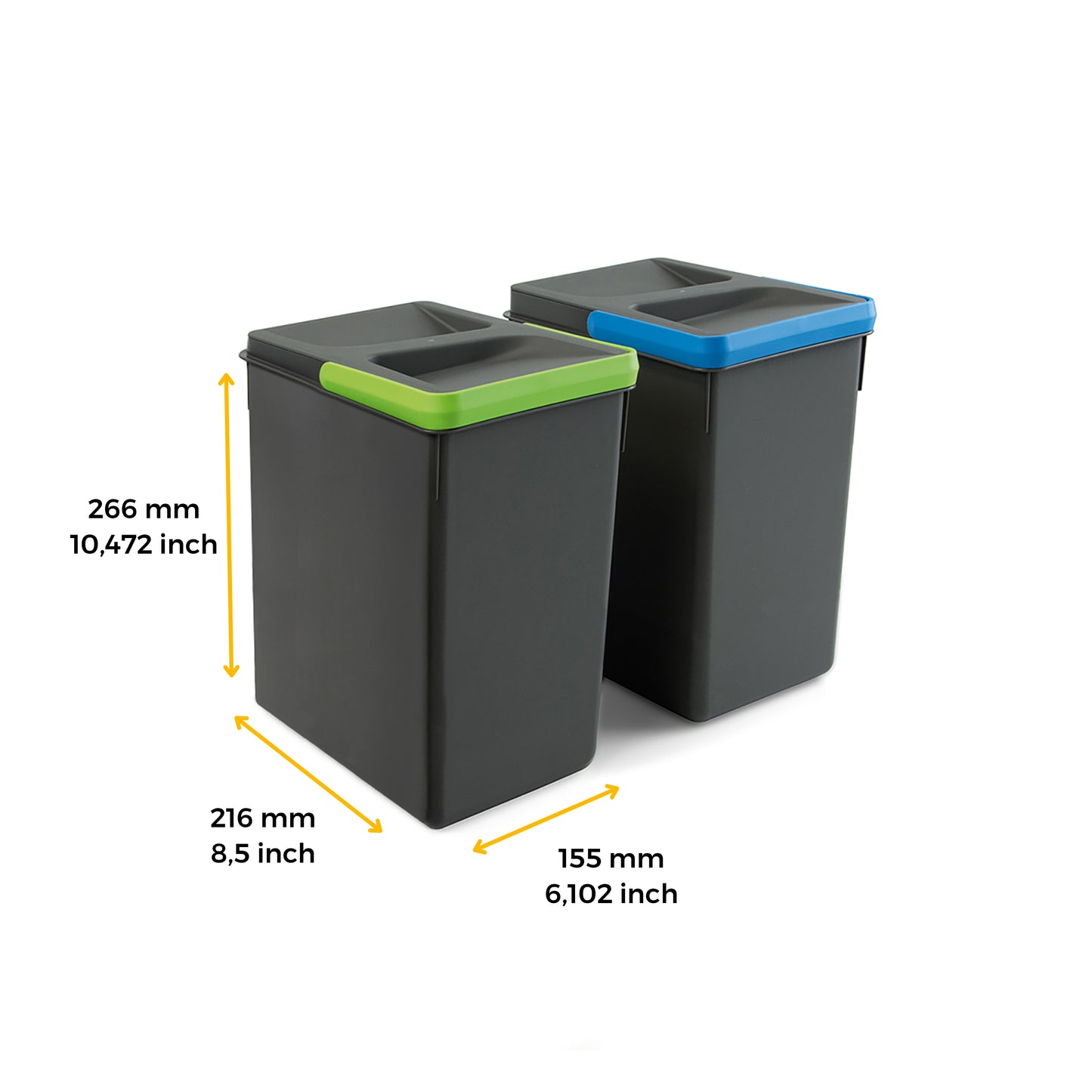 Emuca Kit di contenitori per la raccolta differenziata per cassetti da cucina Recycle Altezza Recycle 266 mm, 2x7 lt, Grigio antracite Tecnoplastica