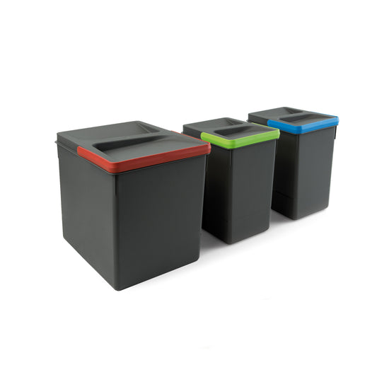 Emuca Kit di contenitori per la raccolta differenziata per cassetti da cucina Recycle Altezza Recycle 266 mm, 1x15 lt, 2x7 lt, Grigio antracite Tecnoplastica