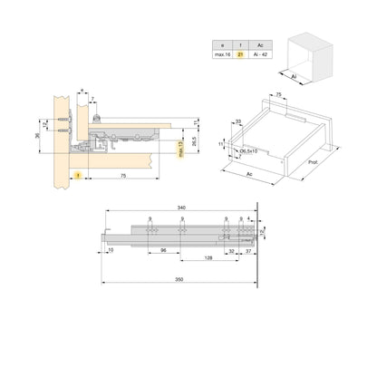Emuca Set di guide per cassetti a scomparsa Silver, estrazione totale, con chiusura soft e aggancio, profondità 340 mm, Acciaio, Zincato bianco