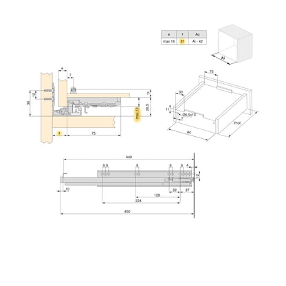 Emuca Set di guide per cassetti a scomparsa Silver, estrazione totale, con chiusura soft e aggancio, profondità 440 mm, Acciaio, Zincato bianco