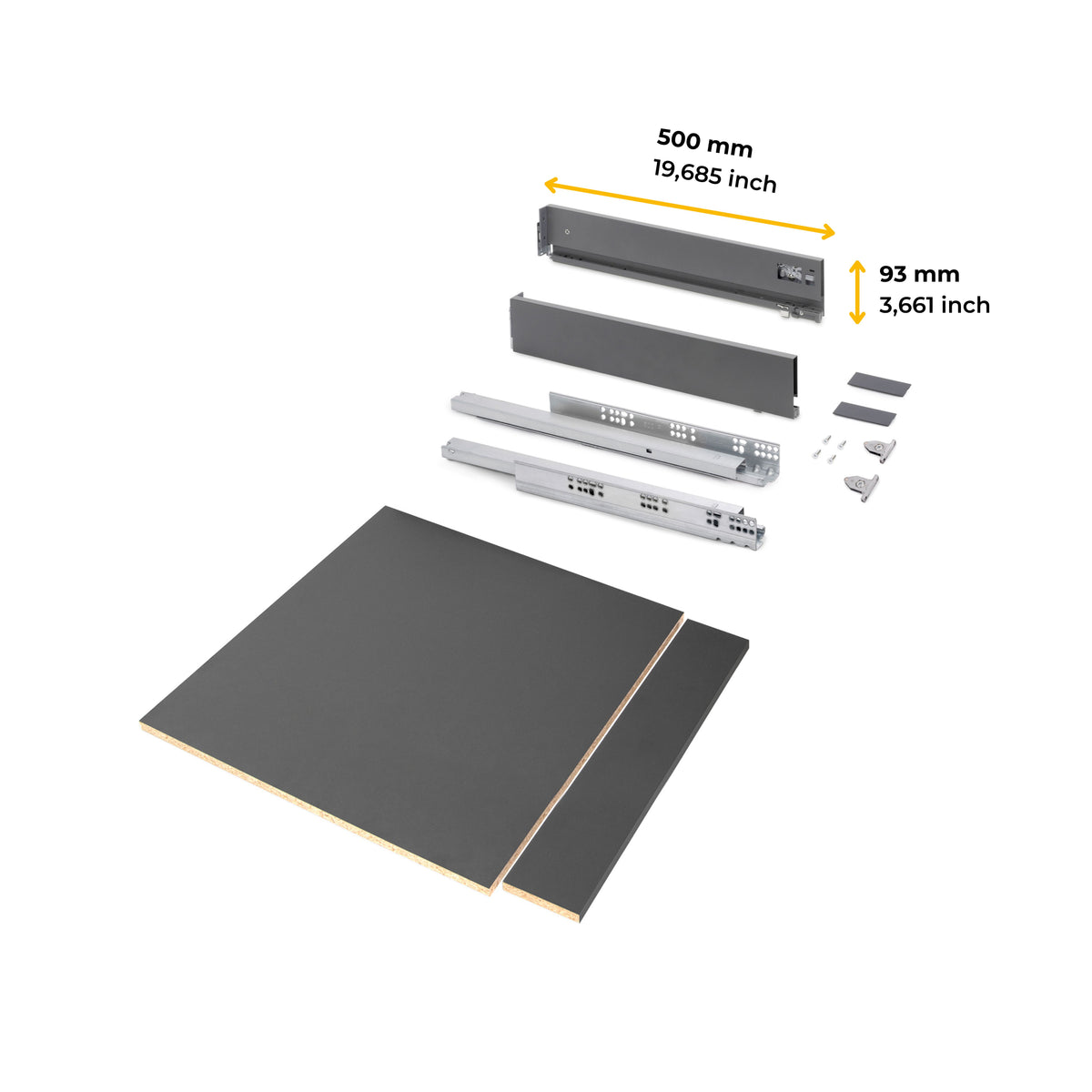 Kit cassetto per cucina o bagno Vertex di altezza 93mm con pannelli inclusi e regolazione 3D