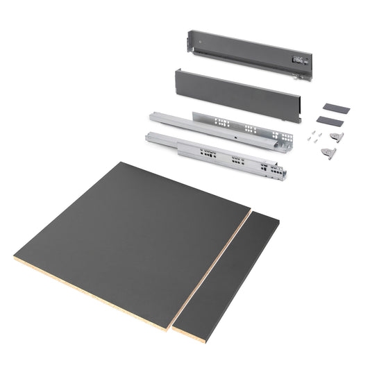 Emuca Kit di cassetti per cucina o bagno Vertex con regolazione 3D, altezza 93 mm, con pannelli inclusi, modulo 600 mm, Grigio antracite