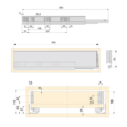 Kit cassetto per cucina o bagno Vertex di altezza 93mm con pannelli inclusi e regolazione 3D