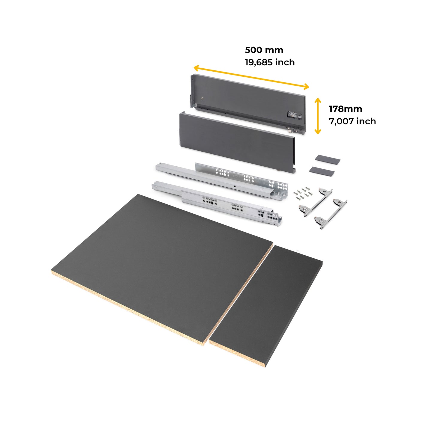 Emuca Kit di cassetti per cucina o bagno Vertex con regolazione 3D, altezza 178 mm, con pannelli inclusi, modulo 450 mm, Grigio antracite