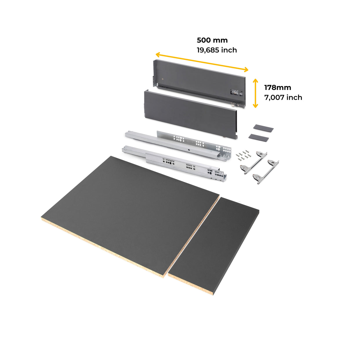 Kit cassetto per cucina o bagno Vertex di altezza 178mm con pannelli inclusi e regolazione 3D