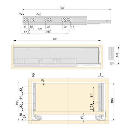 Kit cassetto per cucina o bagno Vertex di altezza 178mm con pannelli inclusi e regolazione 3D
