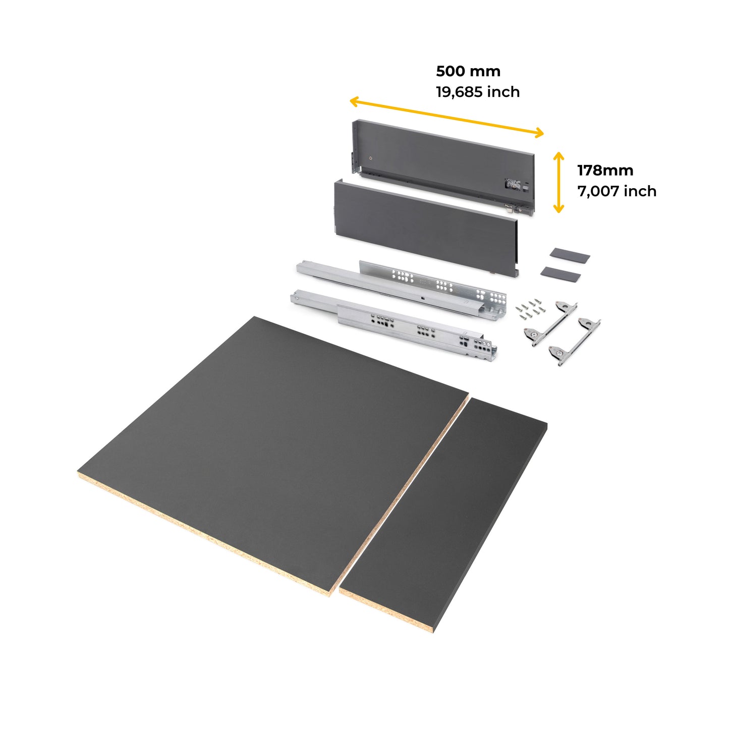 Emuca Kit di cassetti per cucina o bagno Vertex con regolazione 3D, altezza 178 mm, con pannelli inclusi, modulo 600 mm, Grigio antracite