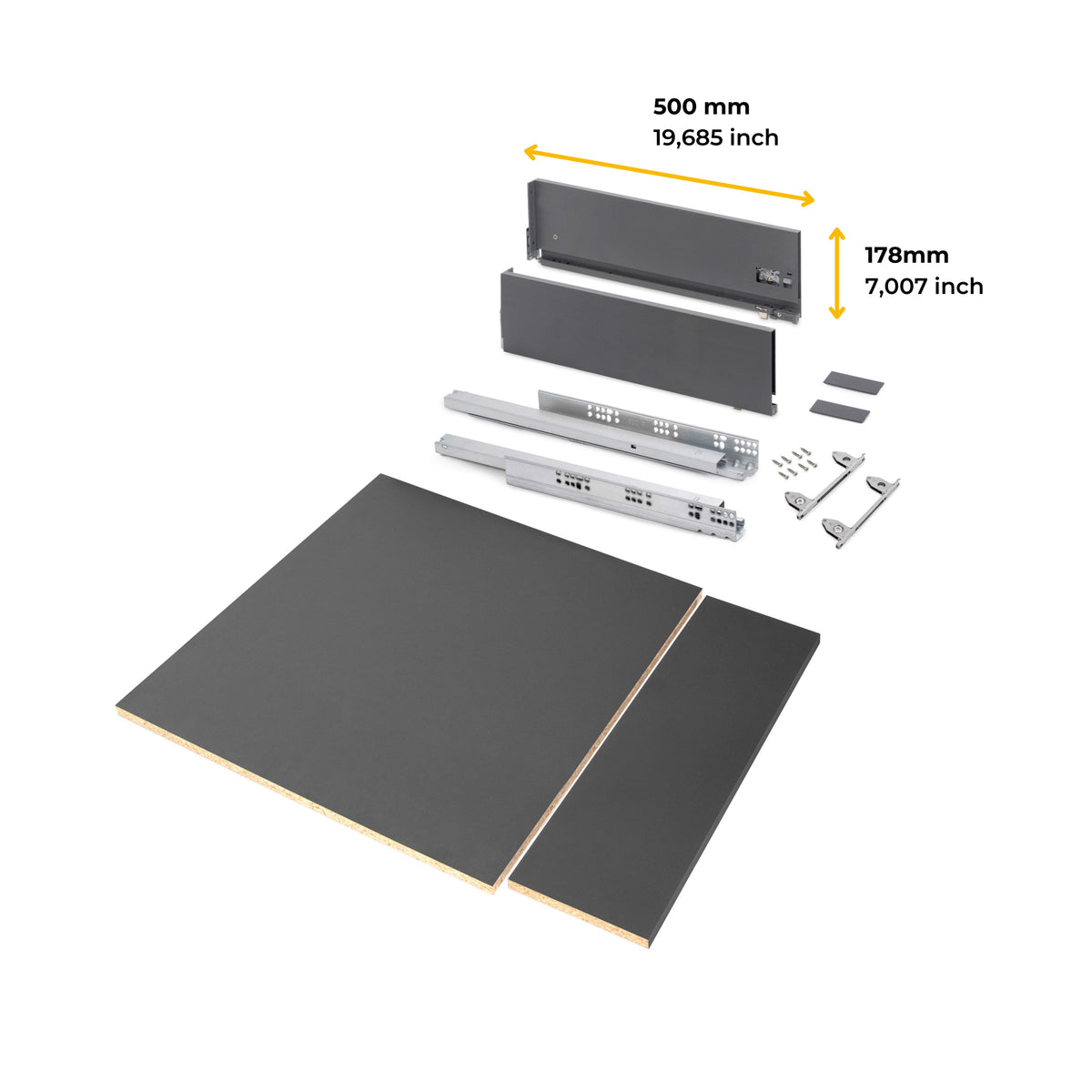 Kit cassetto per cucina o bagno Vertex di altezza 178mm con pannelli inclusi e regolazione 3D