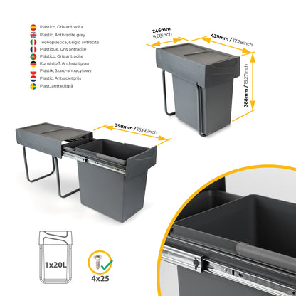 Emuca Recycle 1x20lt per il montaggio sul fondo e l'estrazione manuale in cucina, Grigio antracite, Tecnoplastica