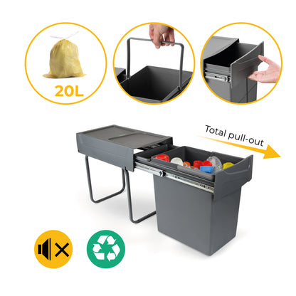 Emuca Recycle 1x20lt per il montaggio sul fondo e l'estrazione manuale in cucina, Grigio antracite, Tecnoplastica