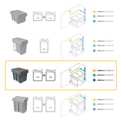Emuca Contenitore per la raccolta differenziata Recycle da montare sul fondo e da estrarre manualmente in cucina Recycle 2x20lt, Grigio antracite, Tecnoplastica