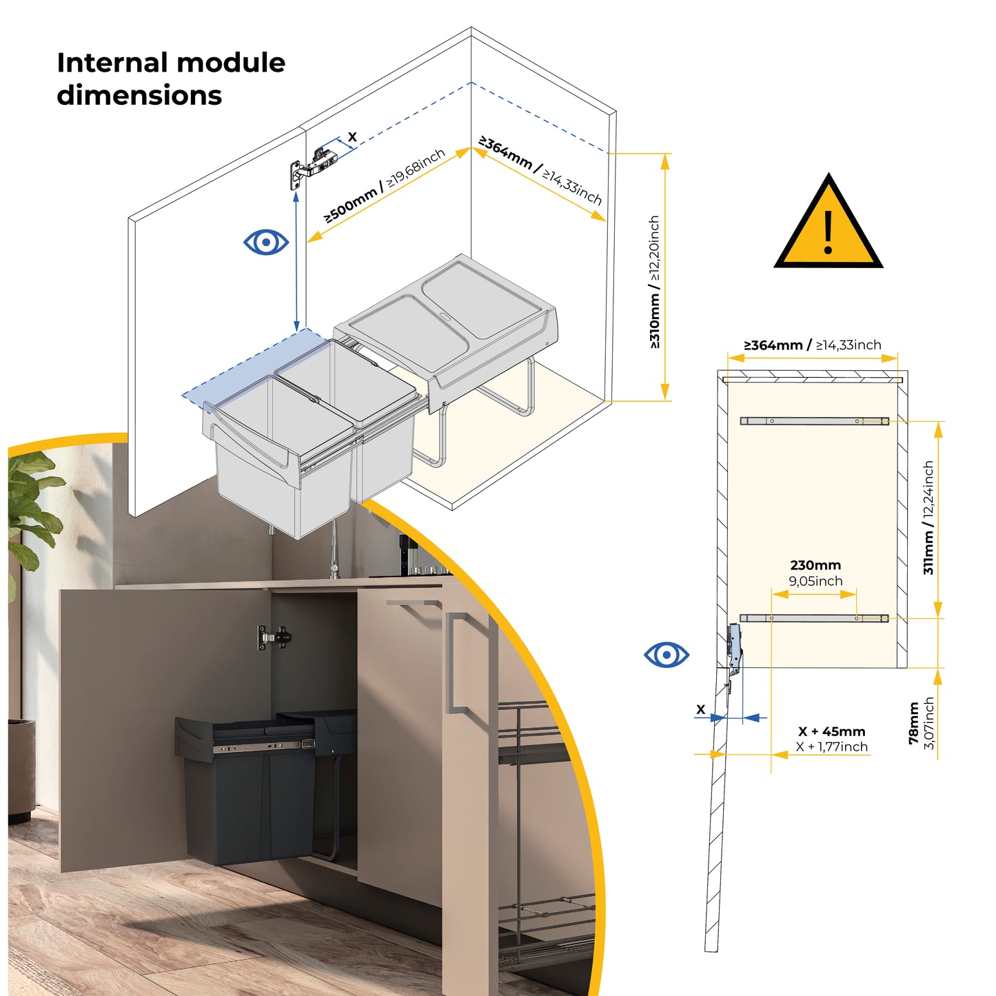 Emuca Contenitore per la raccolta differenziata da montare sul fondo ed estraibile manualmente in cucina 2x15lt, Grigio antracite Tecnoplastica