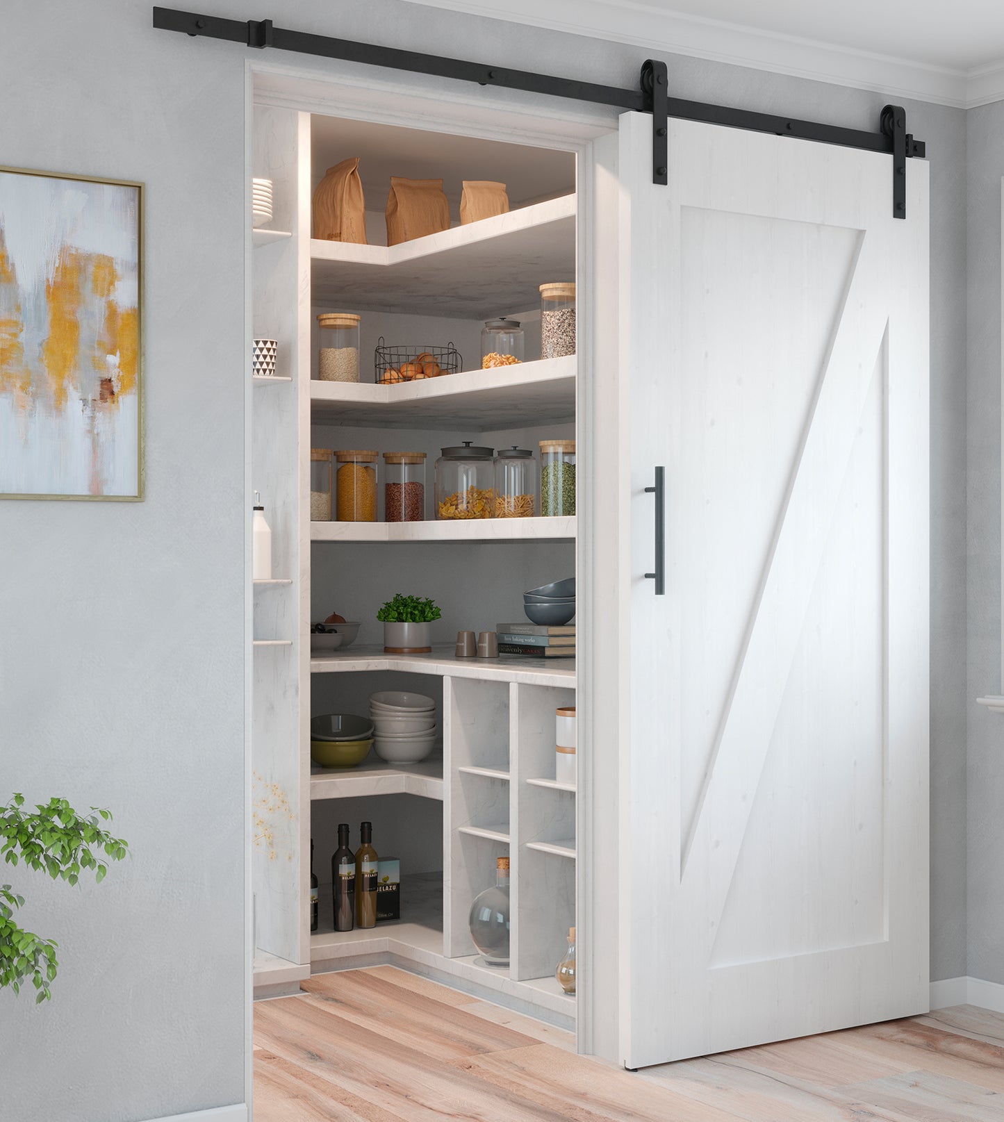 Emuca Kit di ferramentaper porta scorrevole appesa in legno Barn, senza chiusura soft, pannelli non inclusi, Acciaio e Tecnoplastica, Verniciato nero
