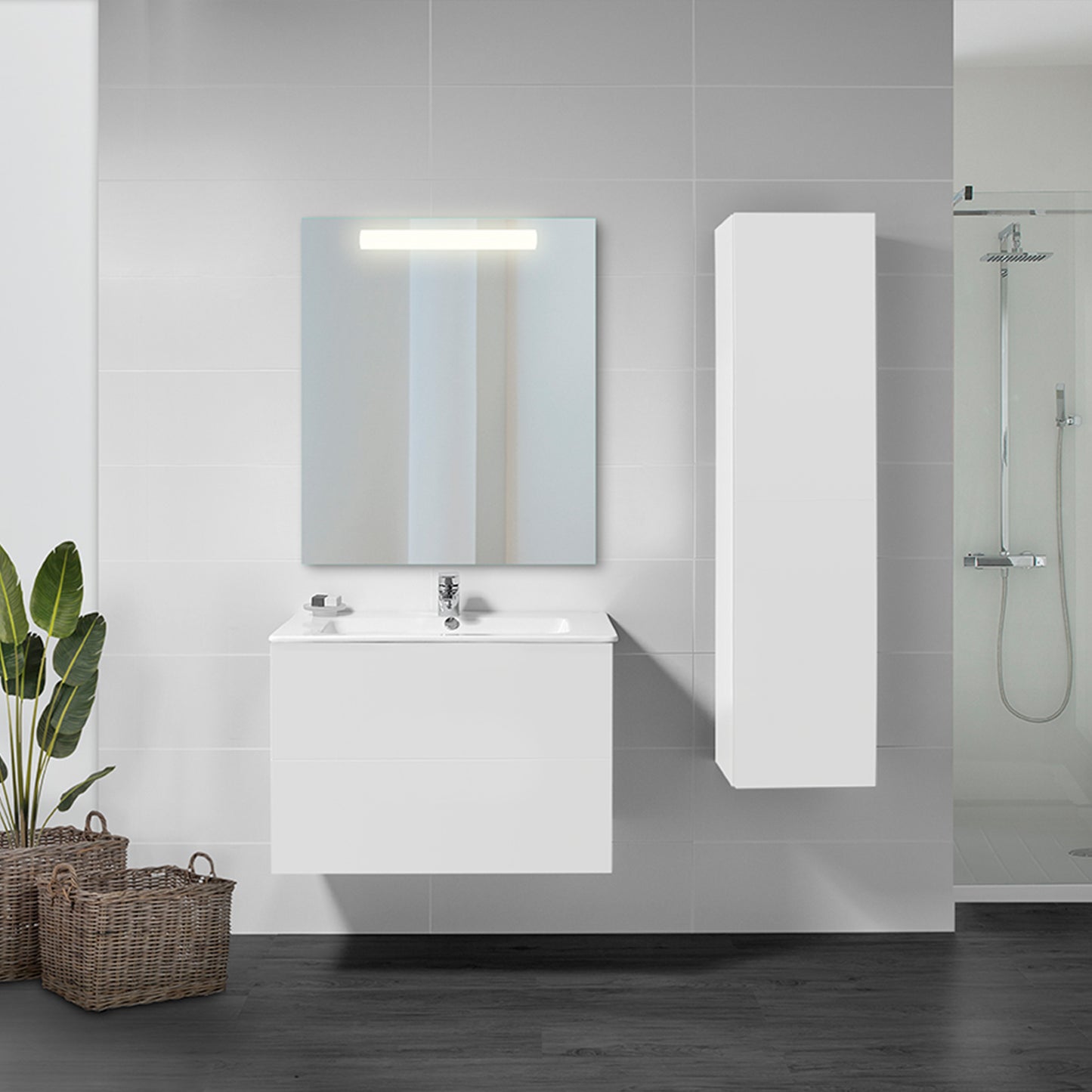 Emuca Specchio da bagno Pegasus con Illuminazione LED frontale, rettangolare 600x700mm, AC 230V 50Hz, 6W, Alluminio e Vetro