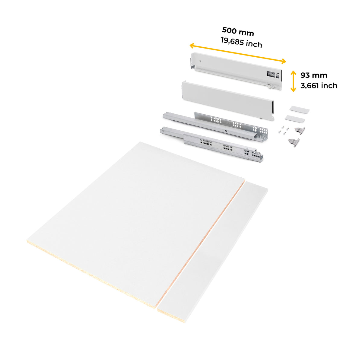 Kit cassetto per cucina o bagno Vertex di altezza 93mm con pannelli inclusi e regolazione 3D