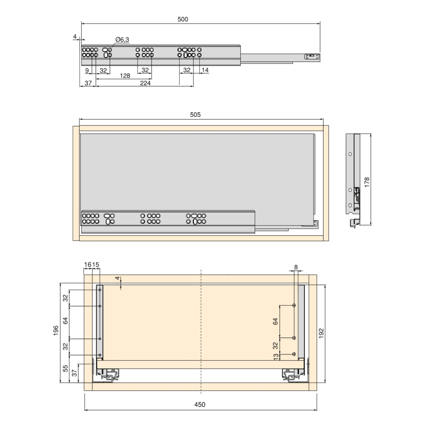 Emuca Kit di cassetti per cucina o bagno Vertex, altezza 178 mm, con pannelli inclusi, modulo 450 mm, Verniciato bianco