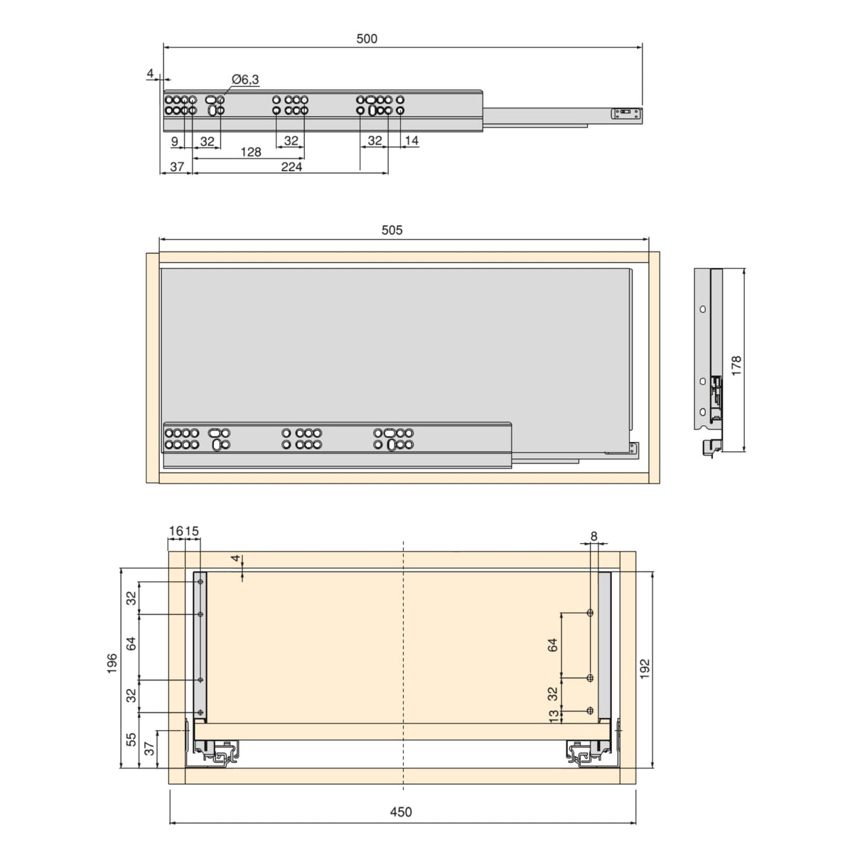 Kit cassetto per cucina o bagno Vertex di altezza 178mm con pannelli inclusi e regolazione 3D