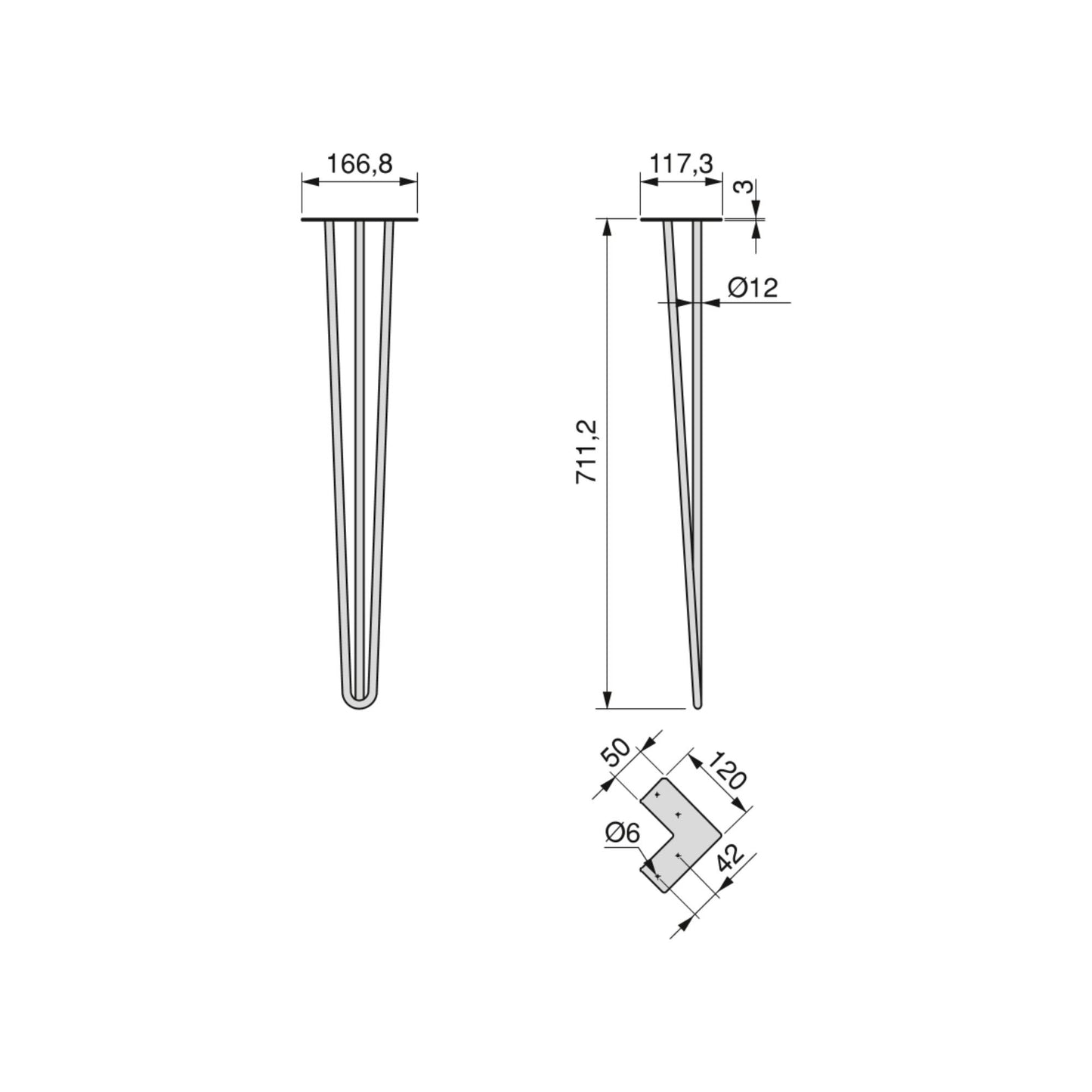 Emuca Lotto di 4 gambe Hairpin a 3 aste per tavolo, altezza 710mm, Acciaio, Verniciato nero