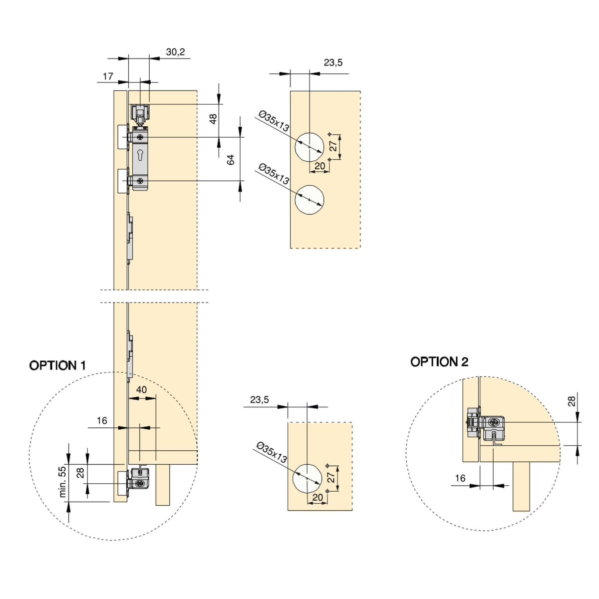 Sistema  Twofold in formato kit per 2 ante scorrevoli in legno pensili e pieghevoli con chiusura ammortizzata