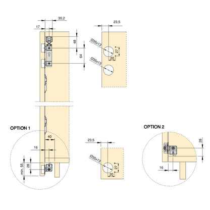 Sistema  Twofold in formato kit per 2 ante scorrevoli in legno pensili e pieghevoli con chiusura ammortizzata