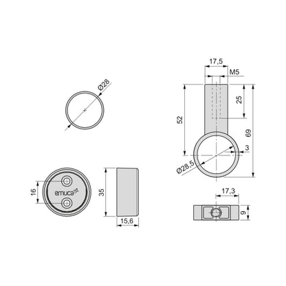Emuca Lotto di 2 tubi appendiabiti rotondi D.28mm per armadi lunghezza 1,15m con reggitubi, Alluminio e Zama, Anodizzato opaco