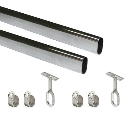 Emuca Lotto di 2 tubi appendiabiti ovali 30x15mm per armadi lunghezza 1,15m con reggitubi, Acciaio e Zama, Cromato lucido