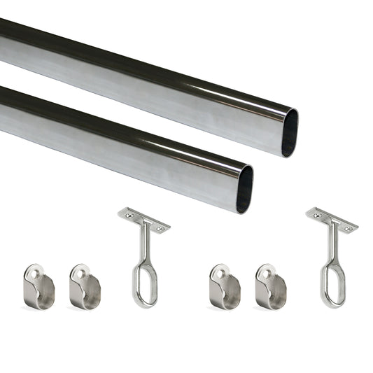 Emuca Lotto di 2 tubi appendiabiti ovali 30x15mm per armadi lunghezza 1,15m con reggitubi, Acciaio e Zama, Cromato lucido